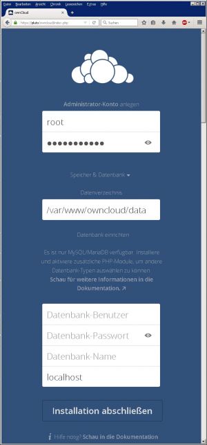 OwnCloud-Installationsfenster